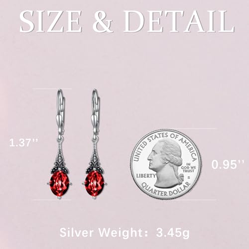 AOBOCO Vintage Earrings for Women Sterling Silver Retro Drop Dangle Leverback Earrings with 8x6mm Oval Genuine or Simulated Birthstone Crystal from Austria, Anniversary Jewelry Gifts for Her Women4