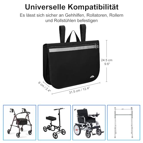 supregear Rollstuhl Seitentasche - Für Senioren und Erwachsene Multifunktionale Aufbewahrung Rollatoren Gehhilfen Elektrorollstühle Knie Scooter, Tragbare Reisetasche, Schwarz