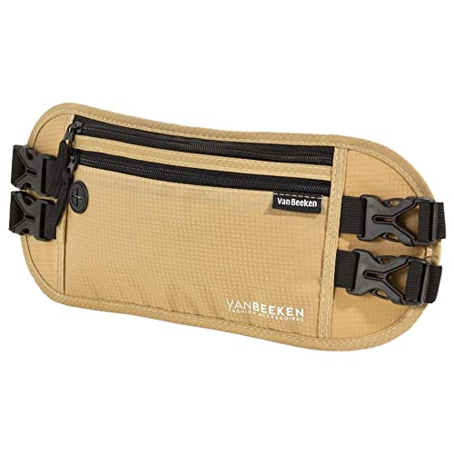 Van Beeken Flat Waist Bag, RFID Unisex Travel Money Belt, 14.5 Inches x 5.9 Inches, Beige