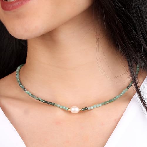 Gempires Nature’S Treasure Gempires Emerald Beaded Necklace With Freshwater Pearl, Emerald Pearl Necklace, Choker Style thumb #2