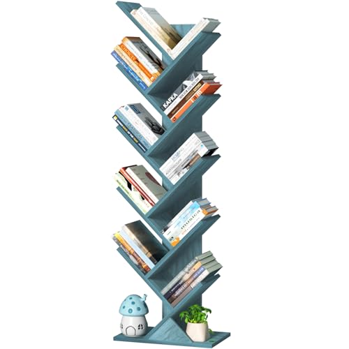 Image of SHEEPAM 10 Tier Tree Book Shelf, Floor Standing Wood Bookshelf for Narrow Space, Storage Organizer Bookshelves for Books/CDs/Magazine, Bookcase with Shelves for Home Office, Living Room - Blue