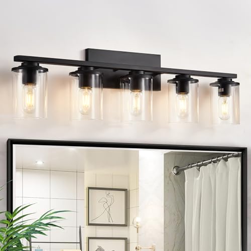 Image of Doltoro Black Vanity Light Fixtures, 5-Light Modern Bathroom Lights with Clear Glass Shade, Over Mirror Vanity Lighting