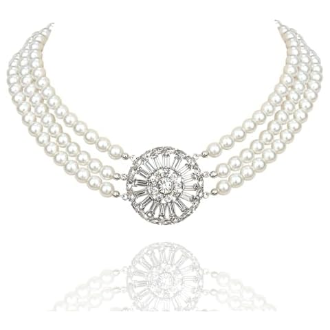 XILAZAB White Pearl Choker Layered Bridal Necklace 20s Gatsby Flapper Multi Strand Pearl Rhinestone Collar Necklace Vintage Imitation Pearl Costume Jewelry Accessories for Prom Anniversary Wedding Cover