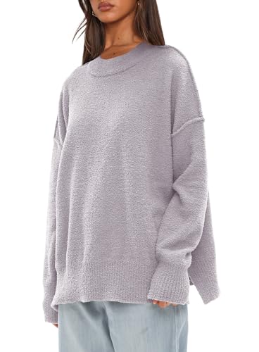 Image of Darong Women Oversized Fuzzy Knit Sweater Long Sleeve Crew Neck Side Slit Pullover Sweaters Fall Winter Tops