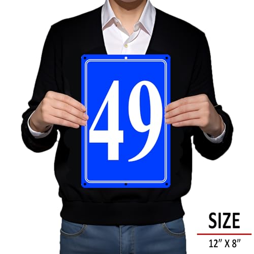 Image of Premium Aluminum Number Signs 49, Metal 12 inch X 8 inch Blue Numbered Signs Outdoor for Parking Lots, Floor, Dock, Court, Aisle, Field, High Visibility, No Fade, Weather-resistant