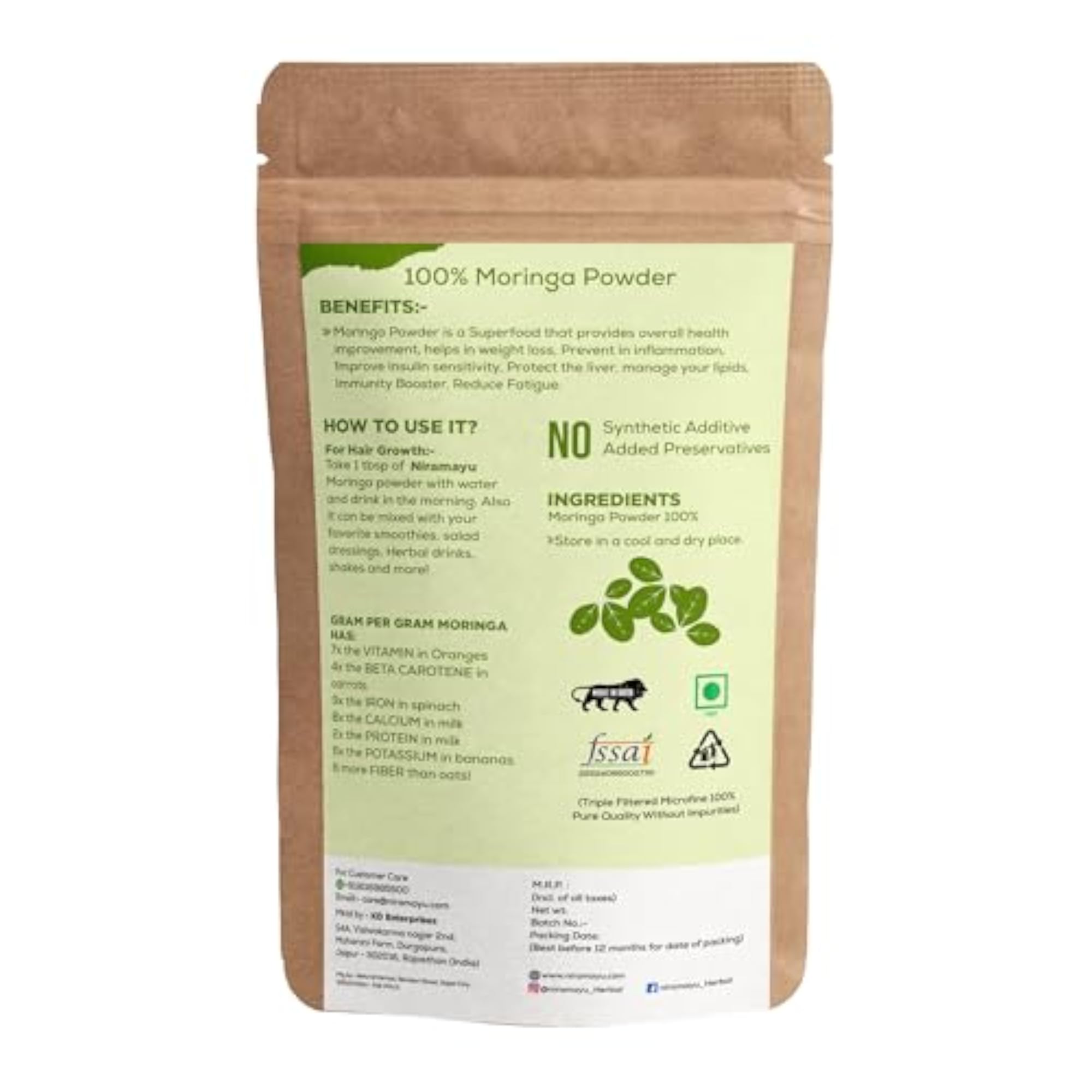 NIRAMAYU Moringa Leaves Powder, 100% Natural Herbal Supplement