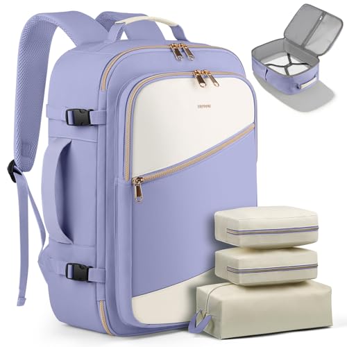 Image of HOTOR Travel Backpack for Women - TSA-Friendly Travel Bag with Multiple Compartments & 3 Packing Cubes, Water-Resistant & Comfortable, Perfect for Travel Essentials, Purple, 17.3 inch x 13.0 inch x 7.9 inch