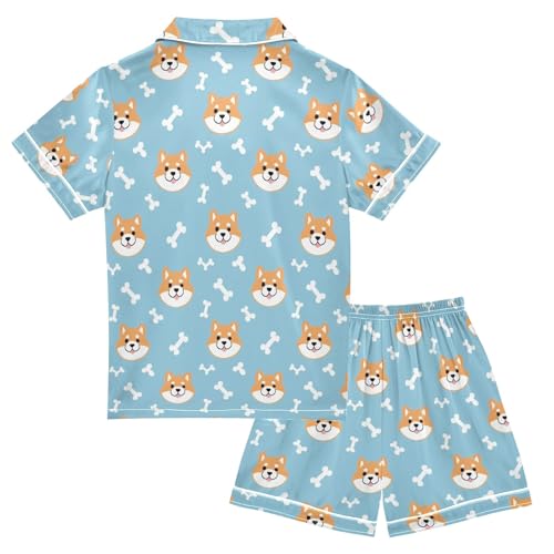 Cute Shiba Inu Prints Summer Satin Pajama Set, Cute Button-Down Sleepwear Pj Set for Sleep Wears2