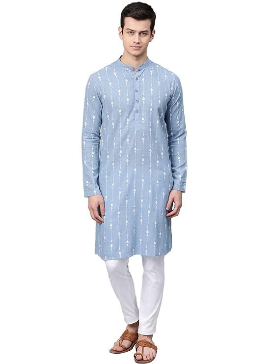 See Designs Men's Blue Printed Cotton Mandarin Collar Side Slit Kurta With Pyajama - Sd2Kt83301S