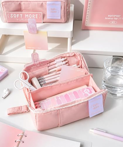 Image of Alokik Multi-Functional Soft Pencil Case for Girls - Large Capacity Zipper Pouch with Multiple Compartments - Aesthetic Stationery Organizer for School, College & Office (Pink Soft More Pouch)
