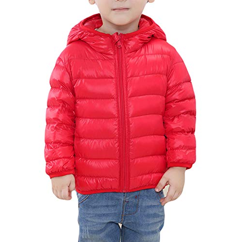 GUOCU Chaqueta Con Capucha Para Niños Chico Niña Invierno Cazadoras De Plumas Calor Manga Larga Abrigo De Color Liso Chaqueta Casual Deportiva Chaqueta Impermeable,Rojo,120cm