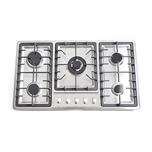 34" 5-Burners Gas Cooktop Stainless Steel Built-In Stove Top Gas Cooktop LPG/NG Convertible Gas Hobs Cooker for HomeKitchen, Restaurant (5 Burners)