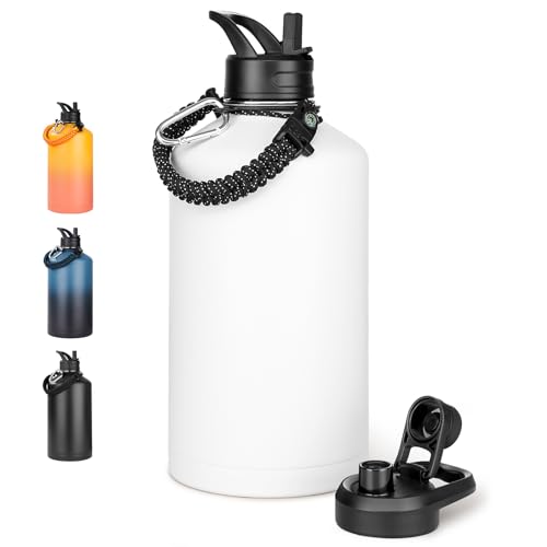 Image of Fijinhom Gallon Water Bottle with 2 Lids (Straw & Spout), 304 Stainless Steel Water Jug with Handle and Wide Mouth, 1 Gallon Vacuum Double Walled Jug for Sports, Outdoors, Leak-Proof, White 128 oz