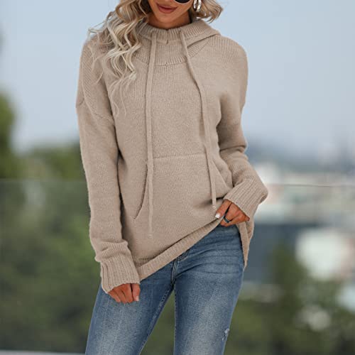 Plus Size, Chunky Knit Sweaters For Women Sweater Tunic Teen Vest Women's Fashion Autumn And Winter Solid Color Pocket Hooded Warm Sweater Top Kangaroo Sweater Brown (Xxl, Khaki) #TOP2
