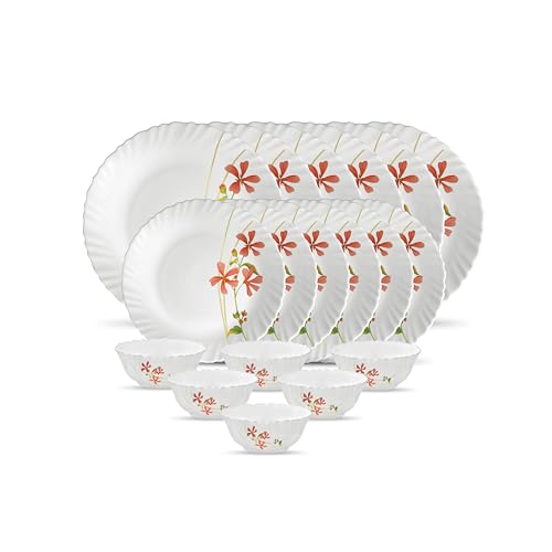 La Opala Novo Collection Opal Glass Crockery | for Family of 6 | Dinner Set 18 pcs Coral Charm | Plates & Bowls for Dining | Microwave Safe | 100% Vegetarian | Extra Strong | Light & White
