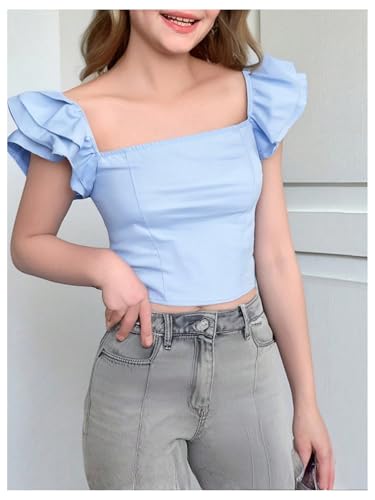 OYOANGLE Girl's Ruffle Cap Sleeve Slim Fitted Crop Top Square Neck Smocked Tops2