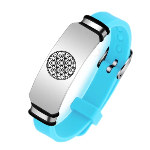 Pulsera budista de silicona con diseño de flor de la vida, diseño de geometría sagrada, regalo para meditación, protección y curación, ajustable, color azul claro, Acero inoxidable Silicona
