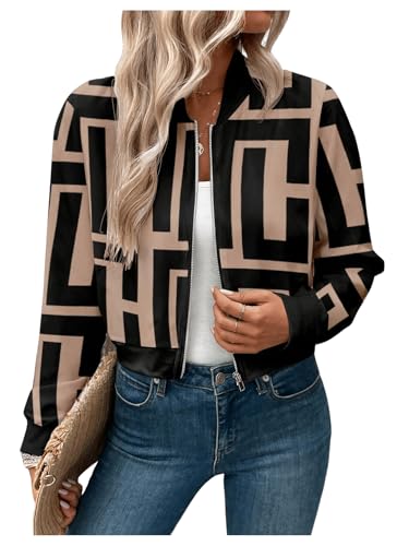 SweatyRocks Women's Casual Graphic Zip Up Bomber Jackets Stand Collar Lightweight Cropped Outerwear Tops