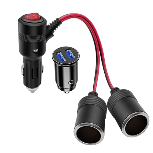12V/24V Cable de Extensión para Mechero de Coche 1 a 2 Adaptador Divisor Toma de Enchufe 15AWG con LED Interruptor y Fusible 15A,Mini Doble USB Cargador de Coche Enchufe del Encendedor de Cigarrillos