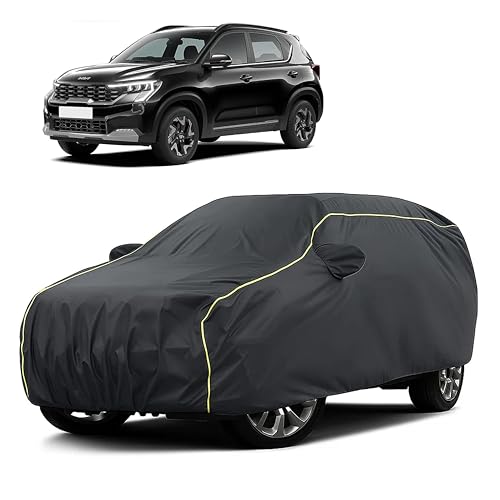 Image of Sulfar 100% Water Resistant Car Body Cover Compatible with Mirror for Kia Sonet (Triple Stitched, Full Bottom Elastic, Dark Grey Taffeta with Yellow Piping)