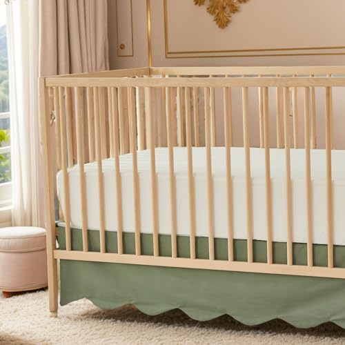 Image of Brandream Scallop Edge Cotton Crib Skirt Toddler Bedskirt Baby Nursery Crib Bed Skirt Boho Bohemian Neutral Solid Color Vintage Sage Green Farmhouse Chic Boho Bohemian Skirt