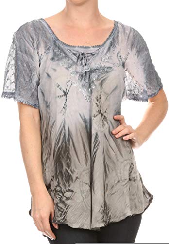 Image of Sakkas Taylay Ombre Tie Dye Batik Long Embroidered Corset Neck Blouse Shirt Top