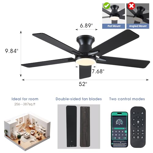 Image of 52 inchModern Black Low Profile Flush Mount Ceiling Fans with Light and Remote | Supports Remote and APP, 6 Wind Speeds, Reversible, Dimmable 3 Light Colors LED Light, Noiseless 30W DC Motor,2H Timer