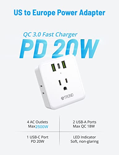 European Travel Plug Adapter Usb C - Trond Us To Europe Plug Adapter With 20W Usb Fast Charger, 4 Ac Outlet Converter Adaptor For Europe Italy Spain France Germany Cruise Travel Essentials, Type C #TOP3