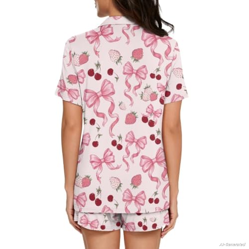 Image of Renewold Button Down Womens Pajama Set Short Sleeve Loungewear Bow Nightwear Sleepwear Night Suit Tops Shorts 2 Pieces