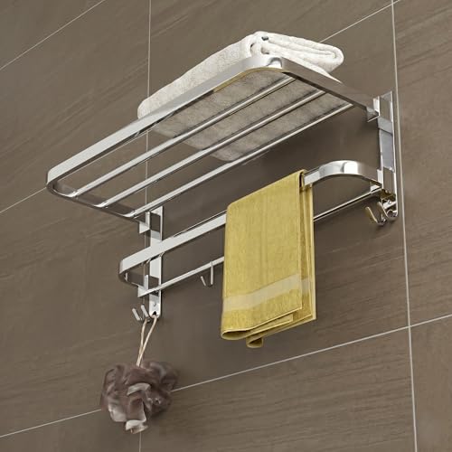 Image of GRIVAN Stainless Steel 24-Inch Folding Towel Rack with Hooks | Bathroom Shelf, Cloth Hanger, Stand for Wall - Towel Holder in Bathroom (Silver Chrome Finish)