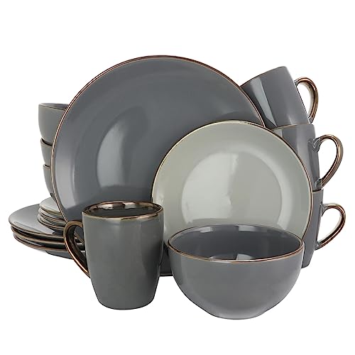 Elama Round Stoneware Grand Collection Dinnerware Dish Set, 16 Piece, Assorted Solid Gray #TOP13