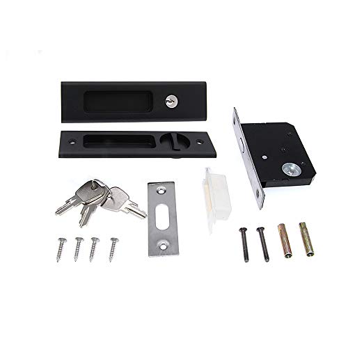 LWZH 6.3" Matte Black Privacy Pocket Door Lock Hardware, Invisible Recessed Handle Latch with Keys, Sliding Door Mortise Lock, Double Barn Door Lock Furniture Hardware