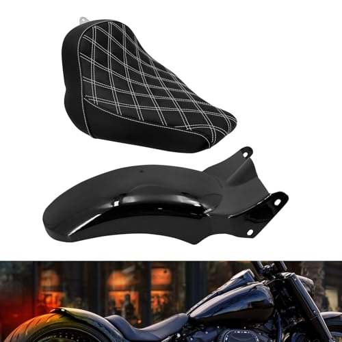 HCmotorku Motorcycle Rider Solo Seat Rear Fender LED Running Turn Signal Brake Short Mudguard Taillight Seat Pillion Pad Cushion Fit for Harley Softail Fat Boy 107 114 FLFBS FLFB 2018-2023 Black