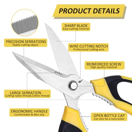 Heavy Duty Scissors, Sharp Scissors All Purpose Heavy Duty with Serrated Edge, Comfortable Non-Slip Handle, Easy Cutting Cardboard, Wires, Fabric, Leather, Iron Mesh (Yellow) - Image 2