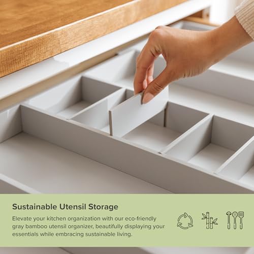 KitchenEdge Adjustable Kitchen Drawer Organizer for Utensils and Junk, Food-Safe Contract Grade with 100% Sustainable Wood, Expandable from 19 to 33 Inches Wide - Gray Bamboo by KitchenEdge - Image 5