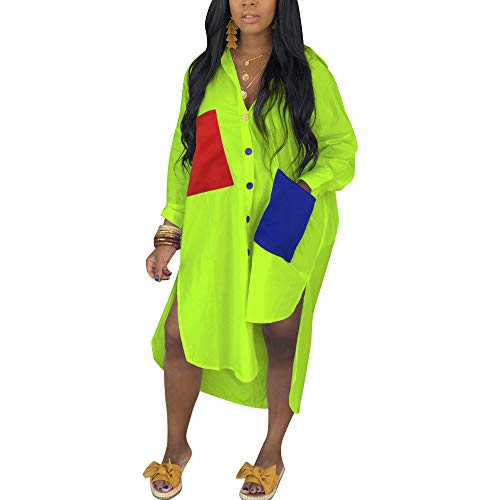 Women's Sexy T-Shirt Dress V Neck Button Down Loose Blouse Tops Casual Dresses with Pocket Green 2XL