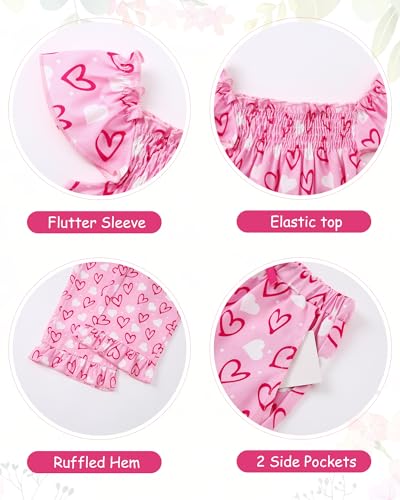 WESIDOM Girls Clothes 6T 7T Girl Spring Summer Outfits Short Flying Sleeve Top + Printed Ruffle Hem Pants 2 Piece Size 6 7 Toddler Clothing Set (Pink, 6-7 Years — view 4