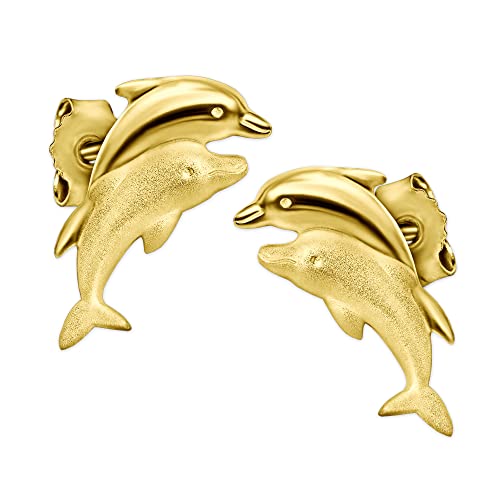 CLEVER SCHMUCK Boucles d'oreilles dorées motif 2 dauphins sautant en couple 11 x 5 mm mat et brillants Or 333 8 carats