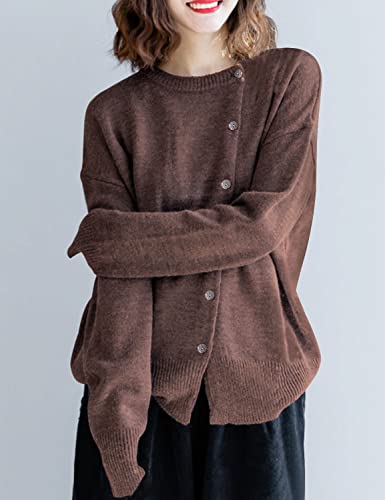 Yesno Women Casual Loose Fit Long Sleeve Sweater Obliquely Buttoned Knit Pullover Tops L Yq1 Coffee #TOP2
