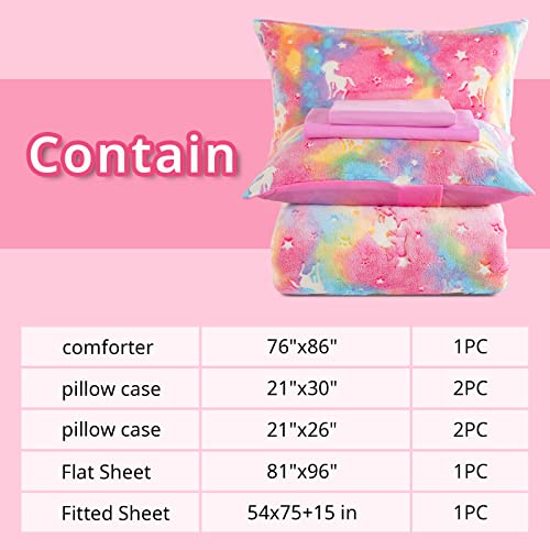 Royalay Kids Glow In The Dark Comforter Set7 Pieces Bedding Set Full Size For Teenage Girls And Kids, Pink Rainbow Starry Night Super Soft Down Alternative Comforter With Sheets Bed In A Bag (Full) #TOP3