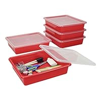 Storex Letter Size Flat Storage Tray – Organizer Bin with Non-Snap Lid for Classroom, Office and Home, Red, 5-Pack (62537U05C)