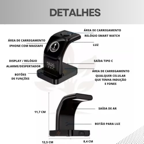Base de Carregamento Sem Fio 5 em 1 Compativel Com iPhone e Android, Fones Bluetooth e Apple Watch D