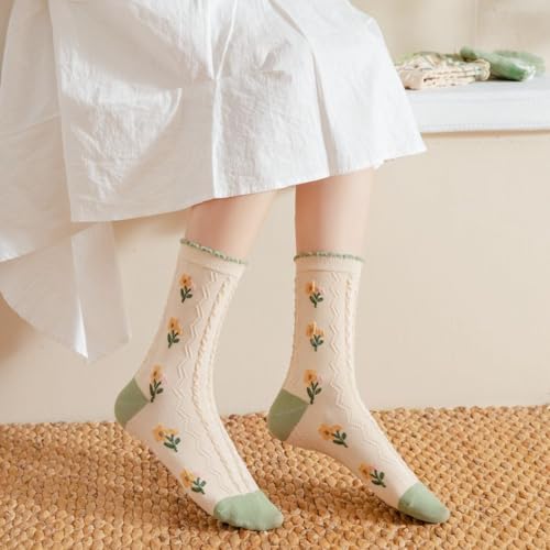 Image of HOMSSEM Floral Crew Socks - 5Pair Flower Graphic Soft Cotton Socks for Women, Teen Girls - for Sandals, - Cute Vibrant Colors
