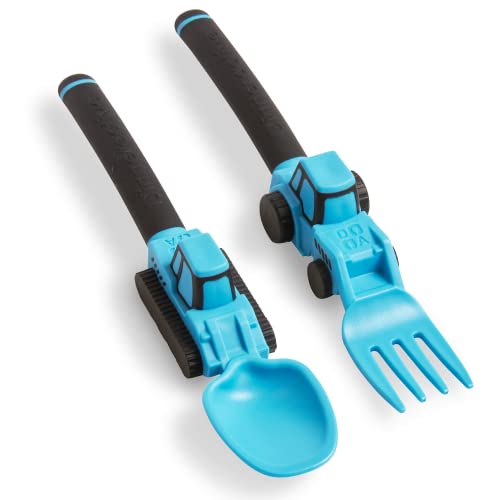 Dinneractive Utensilien-Set für Kinder,Bauthema Kleinkind Gabeln und Löffel, Kleinkind Utensilien,2-teiliges Set,Blaue Bauutensilien für Kleinkinder,Loader & Traktor Kleinkind Löffel und Gabeln Cover
