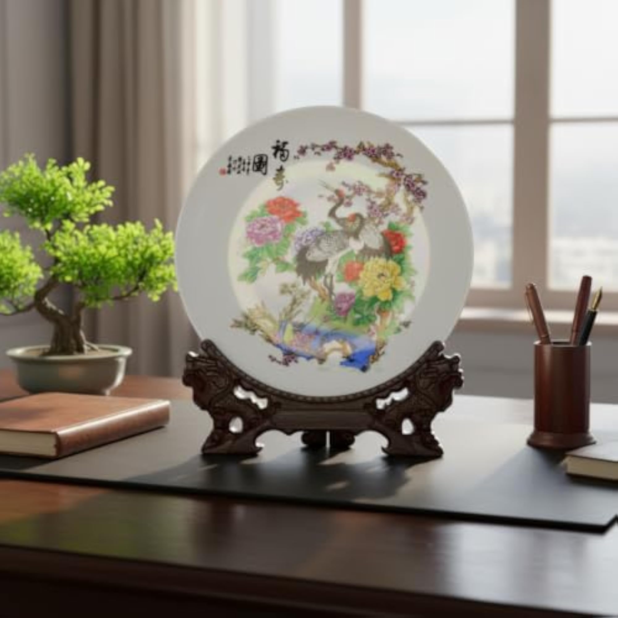 Jingdezhen Ceramic Decorative Plate with Stand, Hand-Painted