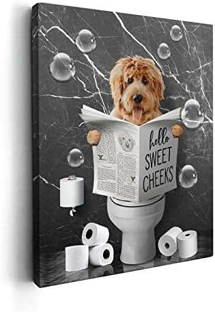 Kasluolo Teddy Dog Sitting on Toilet Wall Art Bathroom Dogs Wall Decor Black and White Animal Bathroom Funny Pictures Farmhouse Dog Wall Décor for Toilet Bathroom Framed Artwork 12x16 inch