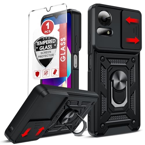 LeYi for TCL 50 LE-Phone Case 4G: with Slide Camera Cover+Glass Screen Protector, Military-Grade Shockproof Cell Unlocked Phone Cover Funda para with Magnetic Ring Holder Stand for TCL 50 LE, Black