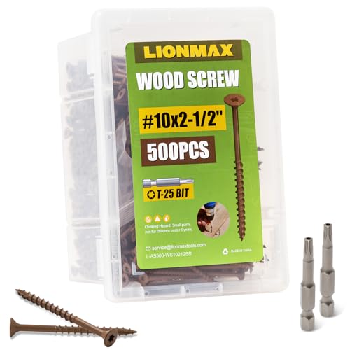 Image of LIONMAX Wood Screws 2-1 /2 Inch, Deck Screws #10 x 2-1 /2 inch, 500 PCS, Rust Resistant, Epoxy Coated, Exterior Wood Screw, Outdoor Decking Screws, Torx /Star Drive Head, T25 Star Bit Included, Brown