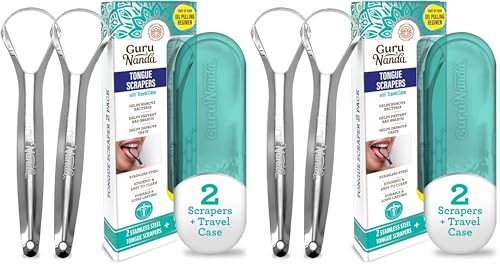 Image of GuruNanda Tongue Scraper for Adults with Travel Case, 420 Medical-Grade 100% Stainless Steel Tongue Cleaner, Aids in Fresh Breath & Oral Care 1 Count (Pack of 4)