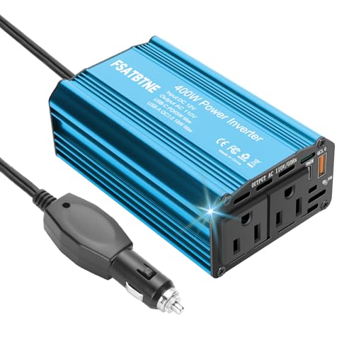 Image of 400W Power Inverter, FSATBTNE DC 12V to 110V AC Car Plug Adapter Outlet Converter with [65W PD USB-C] & [18W QC USB-A] Fast Charging Ports and 2 AC Outlets Car Power Inverters for Vehicles